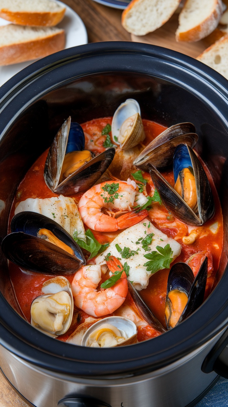 Bowl of seafood cioppino with fish, shrimp, mussels in tomato broth, garnished with parsley and bread on a rustic table.